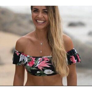 Vince Camuto Womens Floral Off-Shoulder Bikini Top Black/Multicolor M